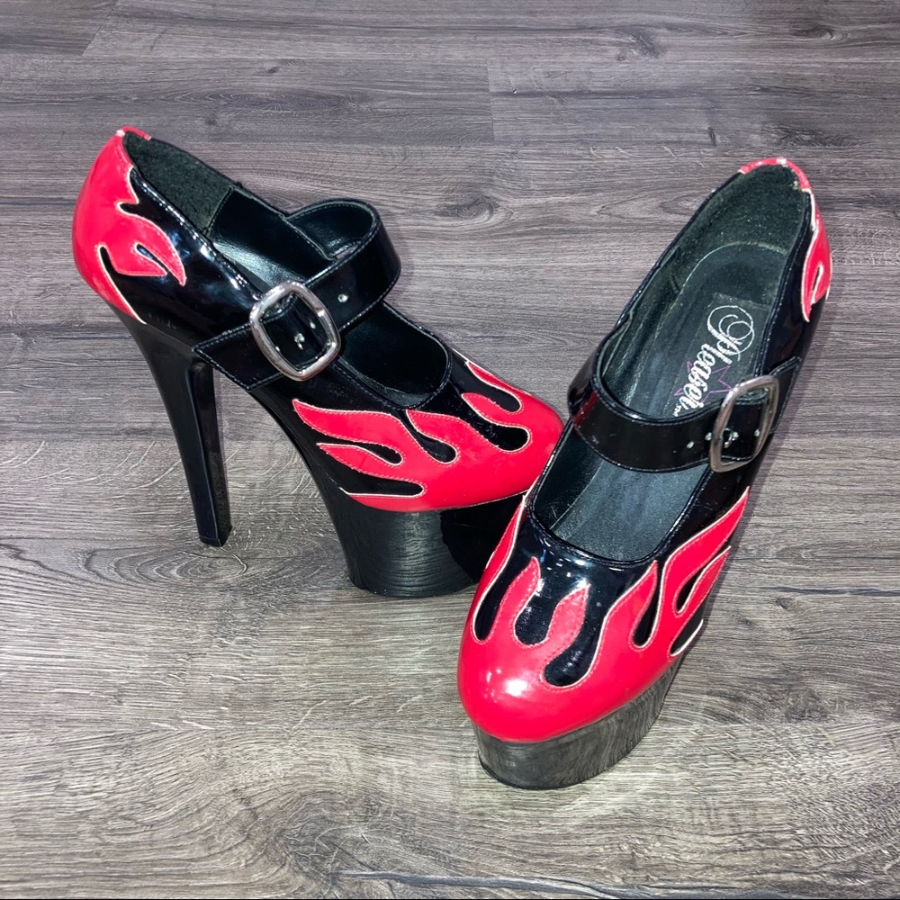Pleaser Platform Heels Black Red Flames Size 8